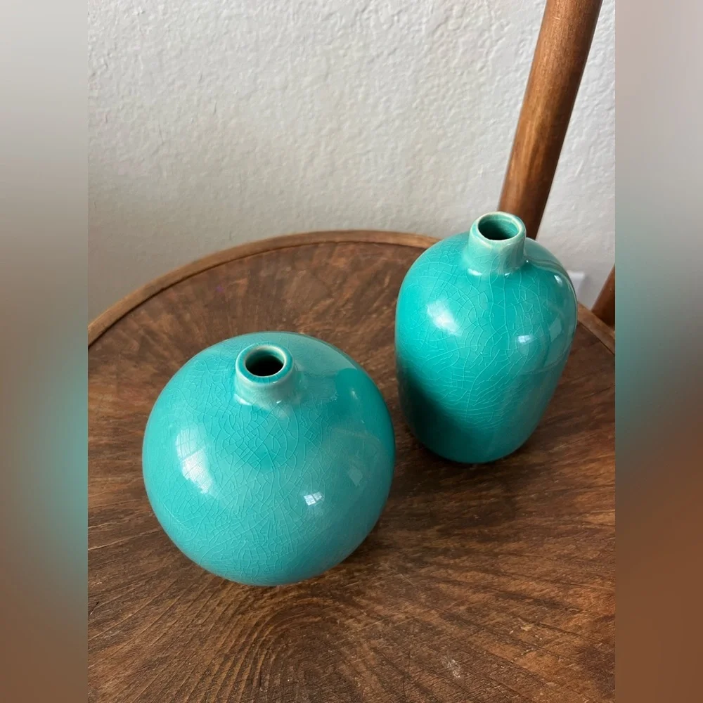 Crate&Barrel Aqua Ceramic Vase Duo